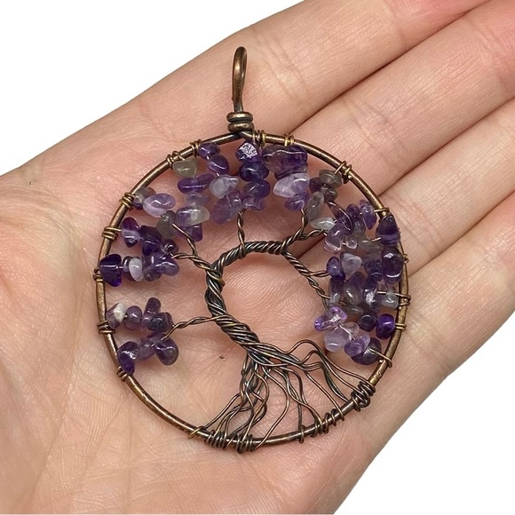 Jewelry - Amethyst Chips Tree of Life Necklace Pendant Copper Wire Wrap Wrapped Boho